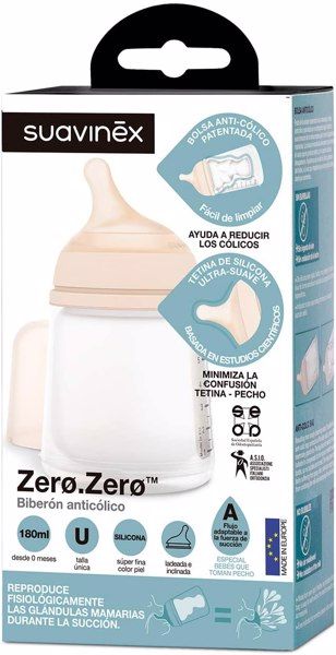 Suavinex Zero-Zero Biberón anticólicos +0 meses, 180 ml - Tetina La